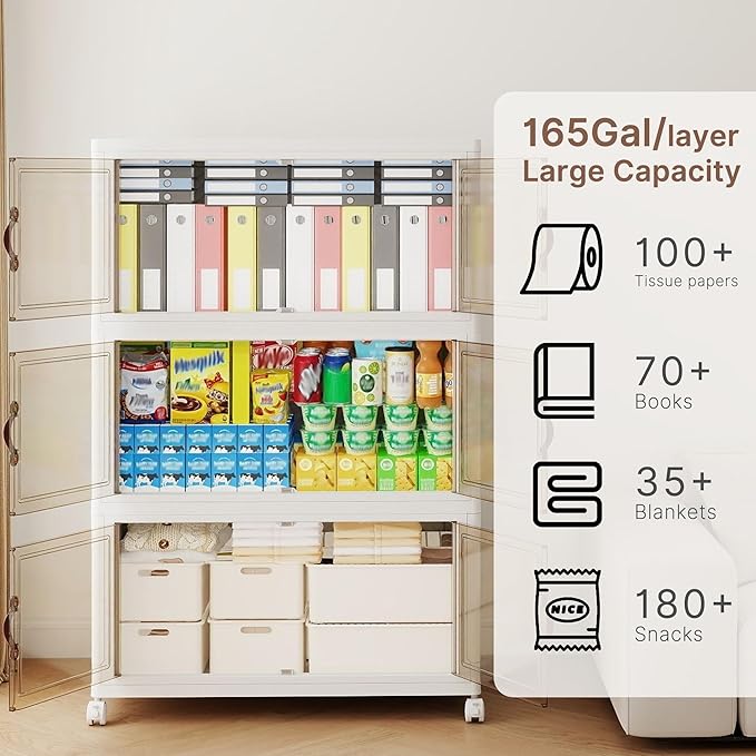 660QT Extra Large Stackable Storage Bins with Lids & Wheels & Door, 165Gal Foldable Collapsible Closet Organizers, Plastic containers drawers for bedroom Dorm