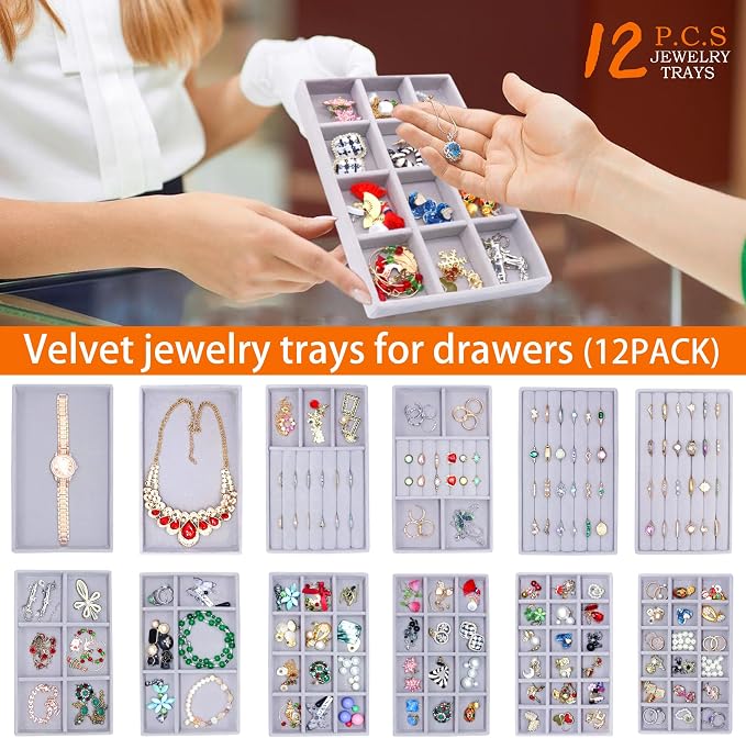 12 Set Jewelry Organizer Trays Stackable Jewelryy Display Case Storage Box for Earring Necklace Rings Bracelet Watch