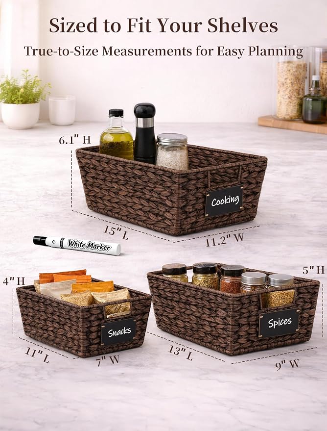 Pantry Organizers and Storage, Water Hyacinth Storage Baskets for Shelves, Brown Baskets for Organizing, Pantry Baskets with Chalkboard Labels and Marker