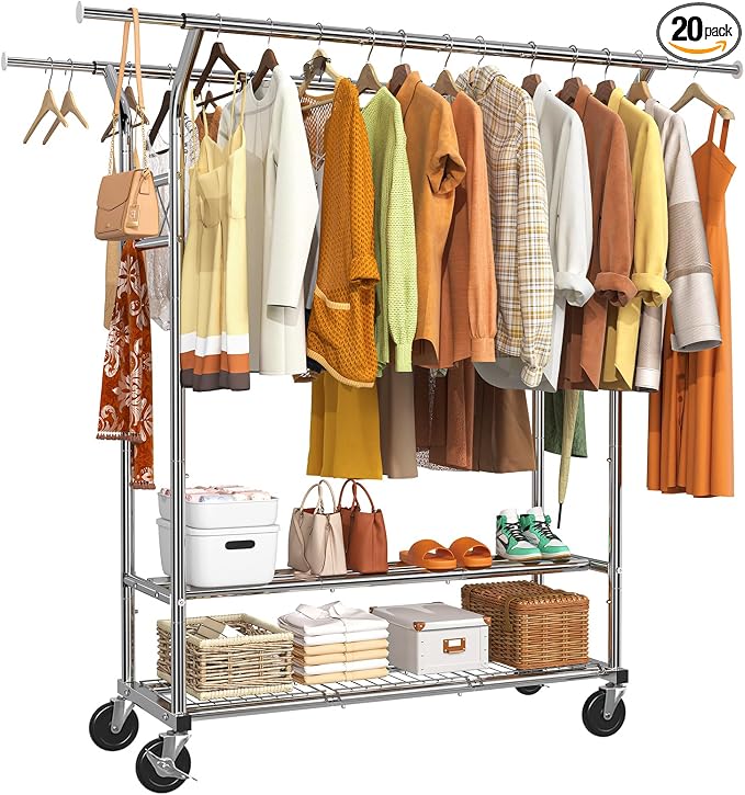Simple Trending Heavy Duty Clothing Clothes Rack for Hanging, Rolling Double Rod Garment Rack Organizer with Wheels Load 620 LBS, Chrome