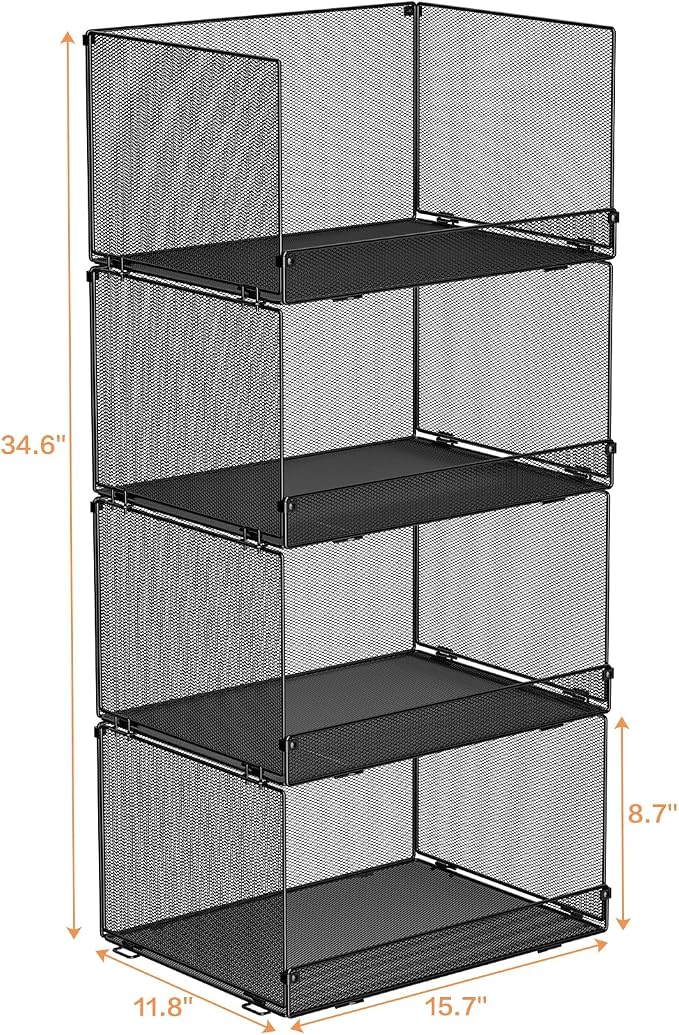 Tiaoheka 4-Tier Stackable Closet Organizers and Storage, Metal Wire Storage Shelves for Closet,Mesh Closet Shelves and Storage Bins for Clothes, Sweaters and Handbags