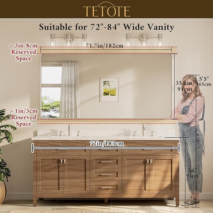 TETOTE 72 x 36 Inch Brushed Gold Bathroom Mirror, Rectangle Metal Frame Champagne Gold Vanity Mirror, Modern Round Corner Large Wall Mirrors Shatterproof (Horizontal/Vertical)