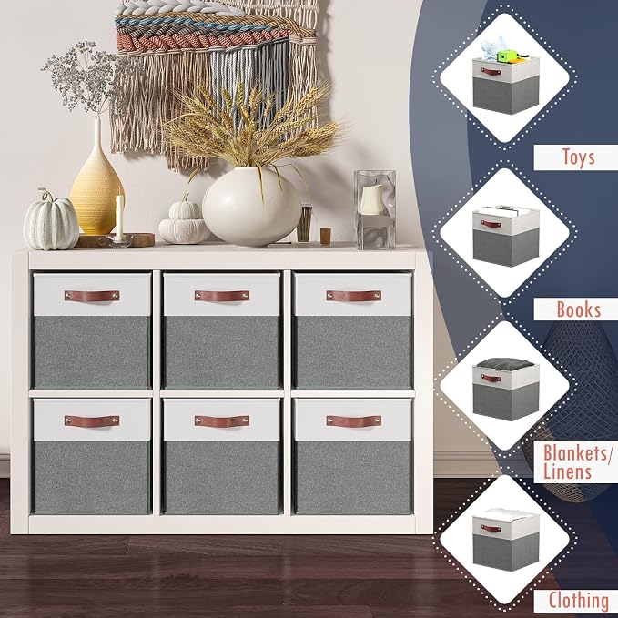 Ornavo Home 13x15x13 Foldable Fabric Storage Cube Bins, 6 Pack, White/Gray | Collapsible Linen Shelf Basket Organizer; Leather Handles; Fits Cube Storage Shelving Units