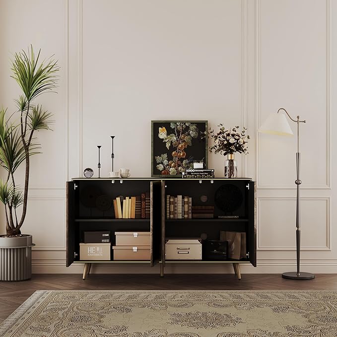 Sideboard Buffet Cabinet with Raised Shaped & Geometric Line Texture Door Panel, Accent Storage Cabinet for Living Room (Cabinet Body- Black Oak, 4 Door-15 D x 61" W x 34.5" H)
