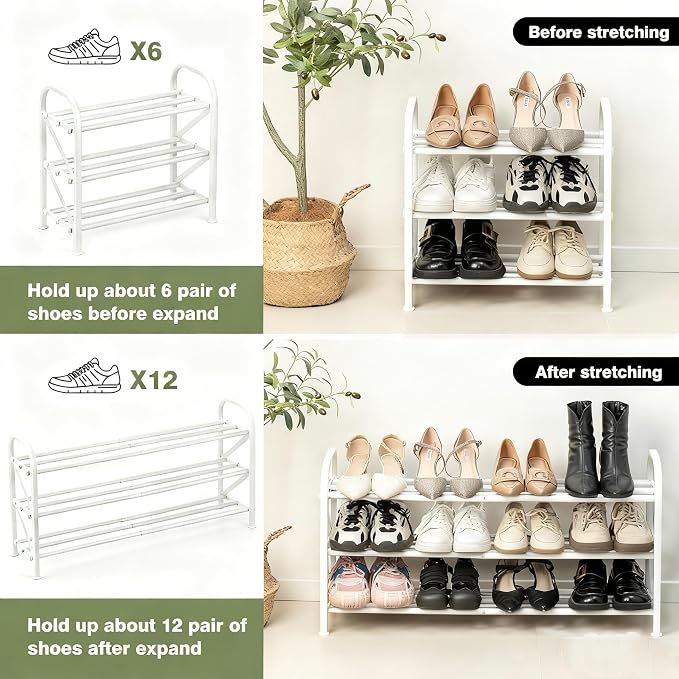 3-Tier Shoe Rack for Closet, 16"-32" Expandable Shoe Rack Adjustable for Entryway Closet Doorway Sturdy Metal, White