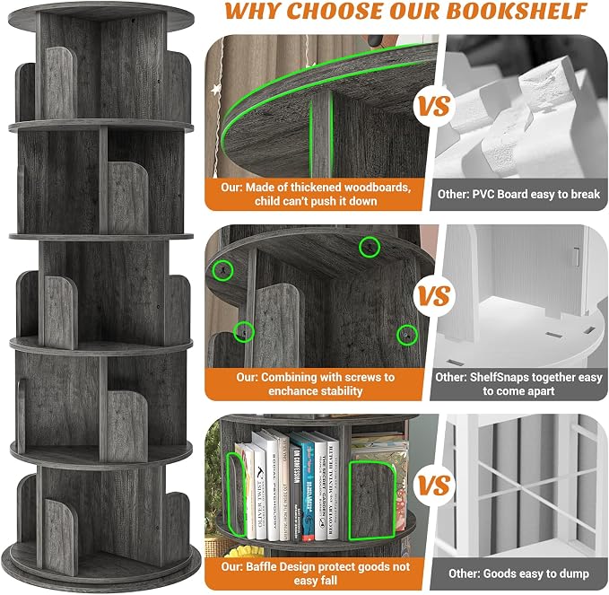 Aheaplus 5 Tier Rotating Bookshelf, Wood Spinning Bookshelf Tower, Round Revolving 360 Bookcase, Narrow Turning Book Shelf Rolling Corner Organizer for Small Space, Bedroom, Office, Black Oak