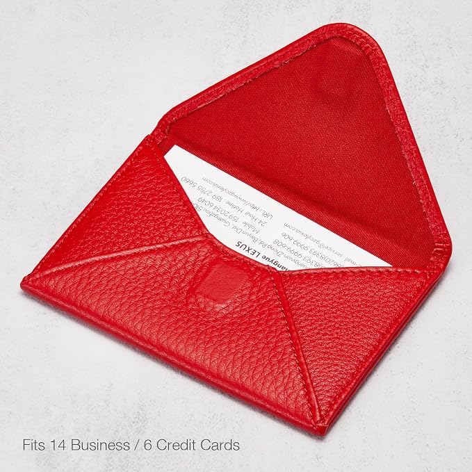 HISCOW Italian Pebbled Leather Business Card Holder, Minimalist Full Grain Envelope Card Case with Hidden Magnetic Closure, 0.19 Inch Slim Front Pocket Wallet for Men and Women, Rosso Red