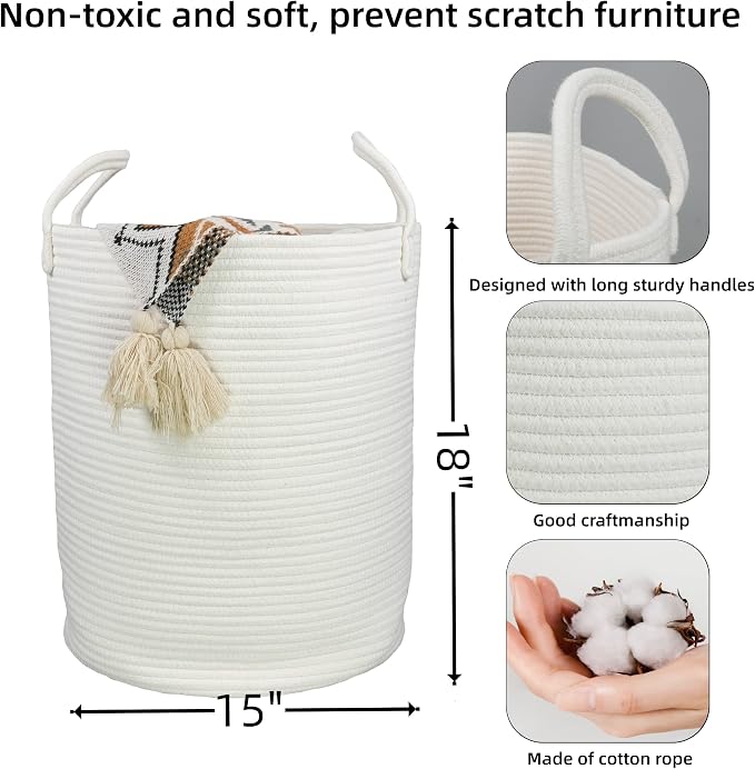 XUANGUO Cotton Rope Laundry Basket Hamper for Clothes Decorative Woven Storage Basket for Living Room Bedroom Boho Tall Rope Baskets for Blanket Toys Baby Nursery Hamper Bin Large white