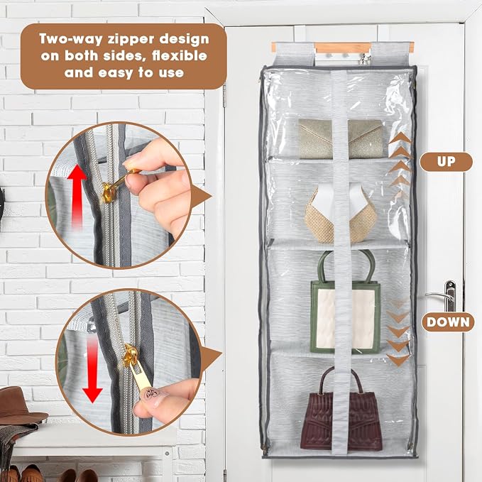 Silkfly 2 Pack Hanging Purse Organizer with Zipper for Closet Handbag Storage PVC Mesh Shelves with 4 Pockets for Bedroom Door Wardrobe Shelf Rack Space Saving(Gray)