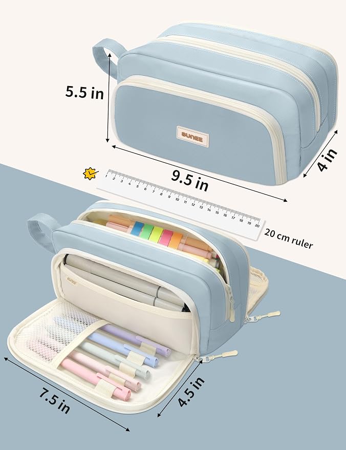 SUNEE Large Pencil Case, Big Capacity Pen Pouch with 3 Compartments, Kawaii Cute Pencil Bag with Zipper, High Storage Stationery Holder and Organizer, School Supplies for Teen and Adult Girls, Blue
