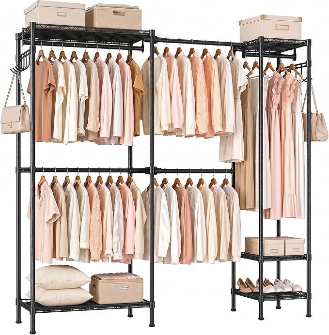 Kryonix 900lbs Expandable Garment Rack - Black | Adjustable 70"-88.2" wide with 5 rods & 6 shelves. 900lbs cap. Freestanding metal closet organizer for bedroom laundry.