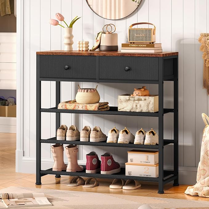 usikey Shoe Rack, 4 Tier Shoe Storage Organizer with 2 Drawers, Metal Shoe Shelf for 9-12 Pairs of Shoes, with 3 Oxford Fabric Shelves and Wooden Top, Shoe Stand for Closet Entryway, Black