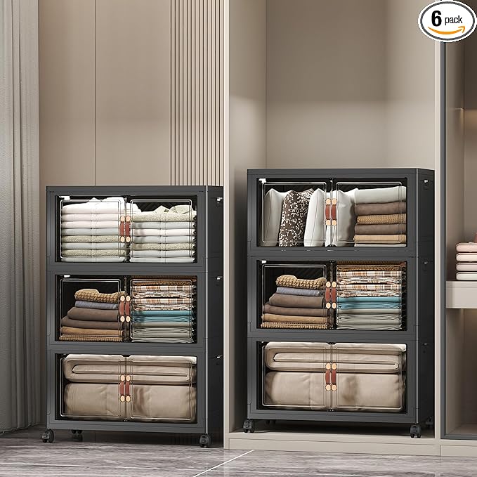 UAMFURI Stackable Storage Bins with Lids, 672QT Closet Organizers and Storage with Doors and Wheels, Extra Large Storage Cabinet, Collapsible Plastic Drawers for Bedroom Kitchen Office Garage