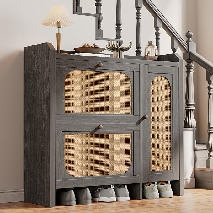 Mericonia Shoe Cabinet Storage for Entryway with 2 Flip Drawers(3-Tier), Rattan Freestanding with Door & 3 Adjustable Shelve,Hidden Shoe Rack Organizer for Hallway, Foyer