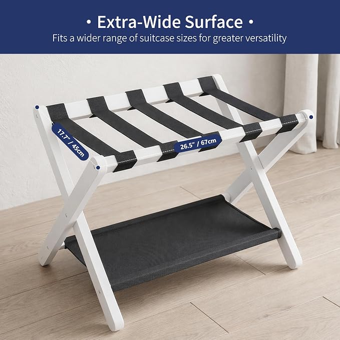 Heybly Luggage Rack for Guest Room, Folding Luggage Stand & Suitcase Holder, Suitcase Stand, Heavy Duty Wooden Luggage Rack with Double Shelf for Hotel & Bedroom, 5 Heavy Duty Straps, White HLR012W1