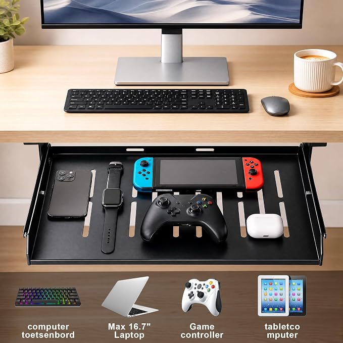 Under Desk Laptop Drawer with Air Vents, 16.3" x 12" Metal Laptop Drawer | Pull Out Under-Desktop Storage for Laptop & Accessories