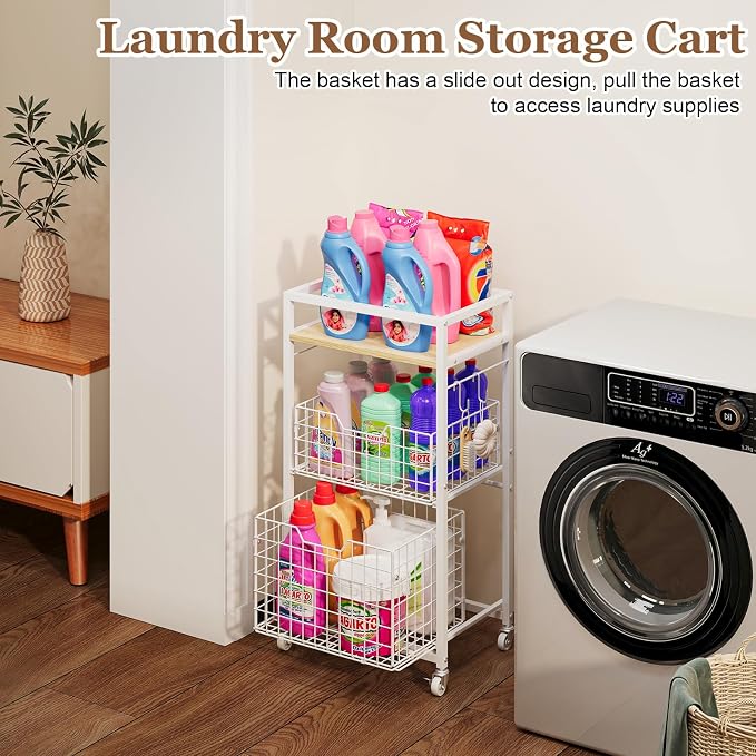 Hongtamoya 3 Tier Laundry Room Cart with Pull-Out Baskets, Storage Cart with Wheels, Rolling Cart with Wood Top Metal Bathroom Laundry Room Organization Mobile Shelf Unit Organizer Trolley, White