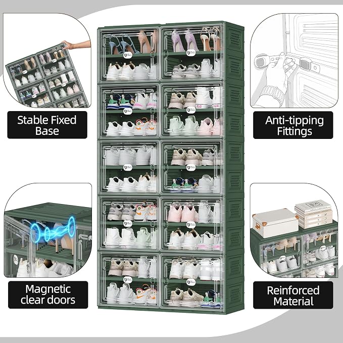 Foldable Shoe Cabinet with Magnetic Clear Doors, Wide Design Shoe Rack for Entryway, Portable Shoe Organizer Meeting Diverse Storage Needs (Green, 2Row 6Tier)