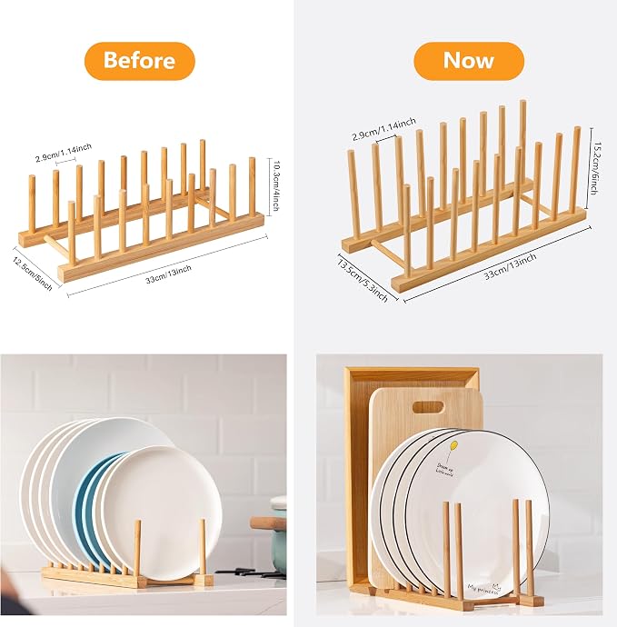 HBlife 2 Packs Heighten and Widen Bamboo Dish Drying Rack Plate Organizer | Plate Bowl Cup Book Pot Lid Cutting Board Stand, Drainer Storage Holder Organizer, For Kitchen Cabinet, 8 Slots