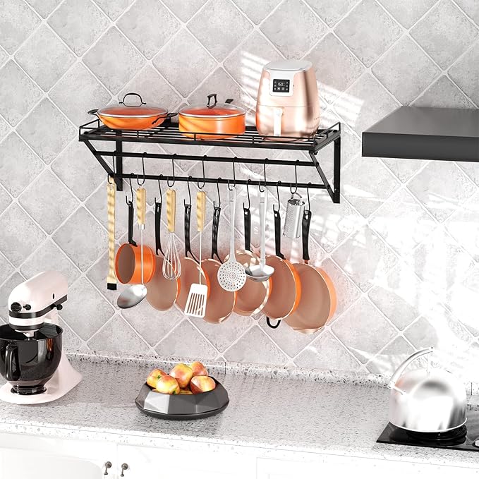 OROPY 31" Pot Rack Wall Mounted, Pot Organizer with 2 Tier Hanging Rails | Heavy Duty Pot and Pan Organizer with Storage Shelf & 12 S Hooks, Space Saving Hanging Pot Rack