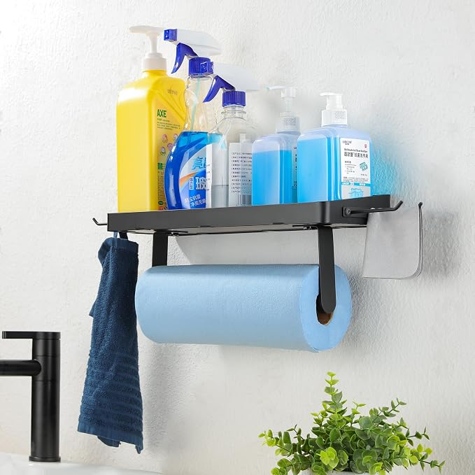 ZUNTO Wall Mounted Paper Towel Holder with Shelf for Garage, Drilling | Heavy Duty, Garage Organization and Storage with Side Hinging Hooks, Screw-in, Black Stainless Steel, Also Ideal for Kitchen
