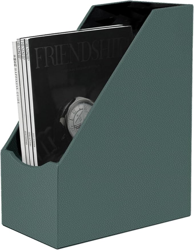 UnionBasic Magazine File Holder, Leatherette Desktop Document Organizer, Home Office Paper Holder File Storage Literature Sorter, Dark Ivy