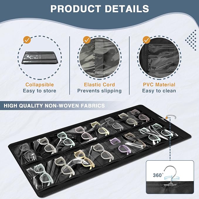 Hanging Sunglasses Organizer and Storage, 32 Slots Jewelry Holder, Black | Protect eyewear from dust with double-sided clear compartments; roof design hangs on wall, door or closet for home/RV travel.