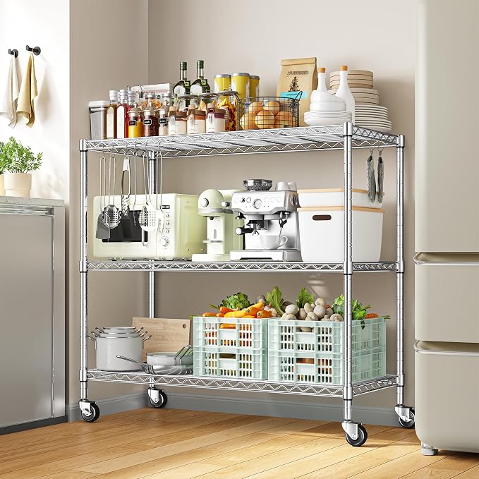 DurayLoly 45" W 3-Tier Metal Shelf on Wheels,450lbs,Kitchen, Laundry,Garage | 19mm chrome steel, 150 lbs/shelf, lock casters or switch to leveling feet, tool-free setup, fits pantry & bedroom