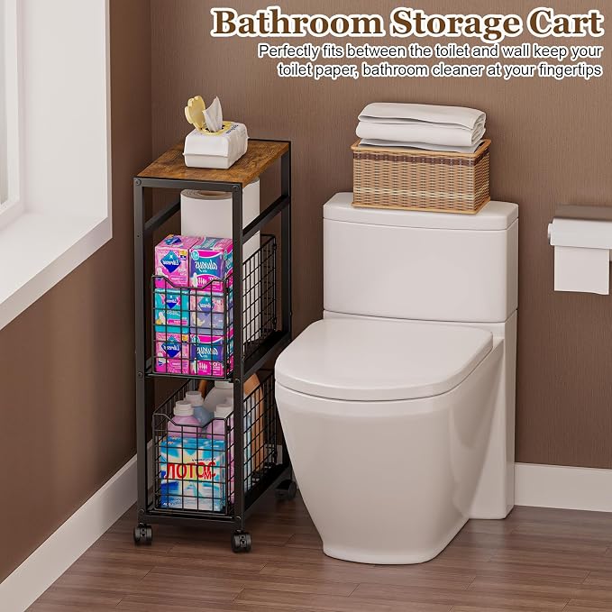 Hongtamoya 3 Tier Laundry Room Cart with Pull-Out Baskets, Utility Slim Storage Cart with Wheels Small Rolling Cart with Wood Top Metal Narrow Bathroom Laundry Room Organization Trolley, Black