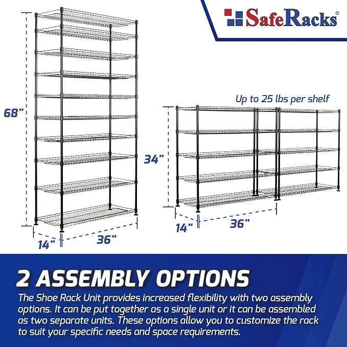 SafeRacks 10-Tier Shoe Rack - 60 Pair Heavy Duty Storage Stand
