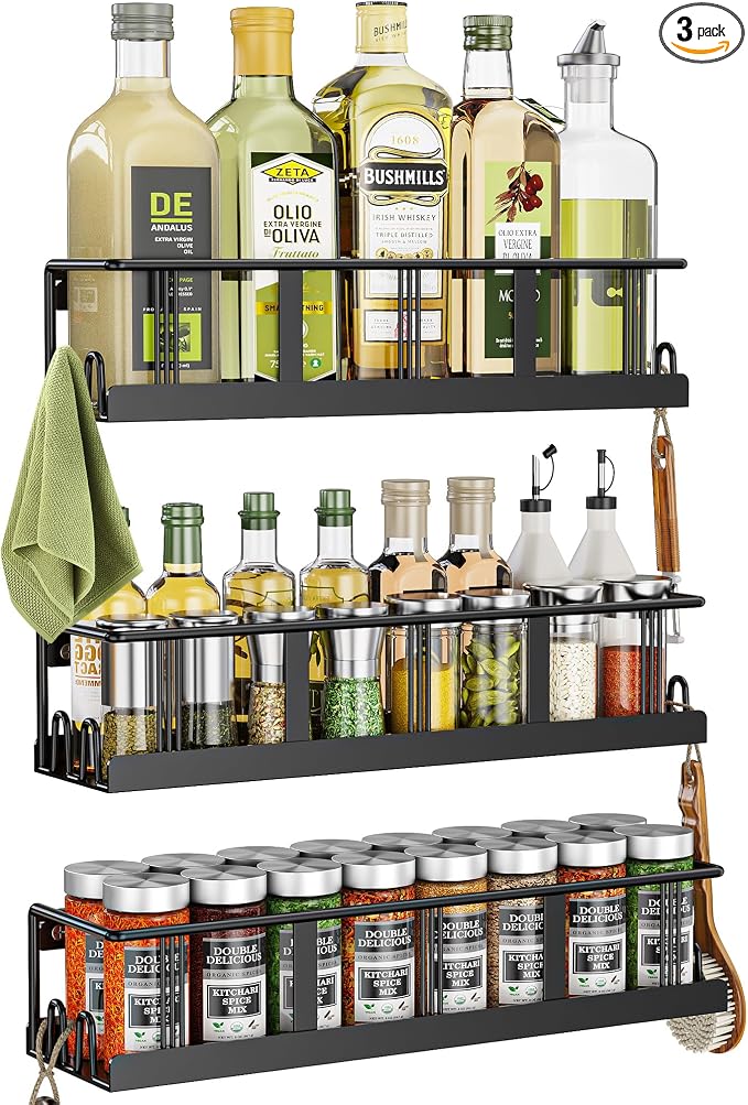 Bunoxea Spice Rack Wall Mounted 3 Pack,RV Spice Rack,Black | 12 Built-in Hooks,3 Versatile Sizes, Space-Saving,Flat Base, Screw or Adhesive, For Kitchen Cabinet, Pantry Door,Stove,RV