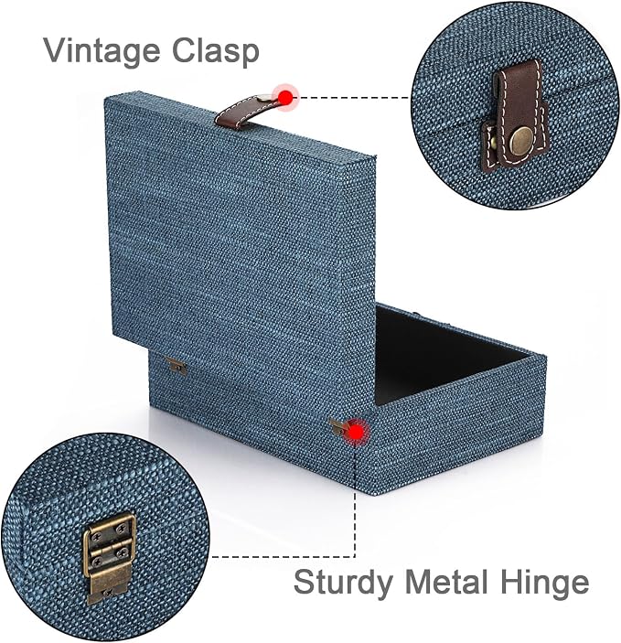 Hipiwe Treasure Chest Jewelry Box Wooden Decorative Box with Linen Covered | Memento Case Box with Clasp Lid, Rectangular Keepsake Box Photos Storage Organizer Home Decor, Blue