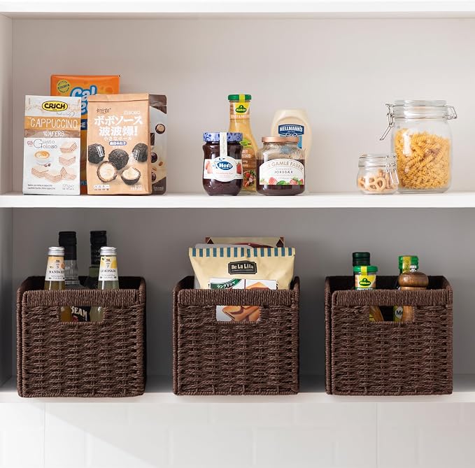 joybest Dark Brown Wicker Baskets for Shelves, 13.4L x 8.3W x 7.1H inch Hand-woven Storage Baskets for Pantry Organizing, Foldable Rectangular Bin with Handles, 4-pack