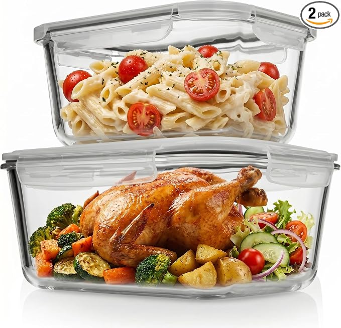 Razab 4 Pc (2700ML/ 91 Oz & 1520ML/ 51 Oz) Airtight Large Glass Food Storage Containers with Lids - BPA Free, Leak Proof Meal Prep Containers (2 Containers + 2 Lids) Microwave, Oven & Freezer Safe