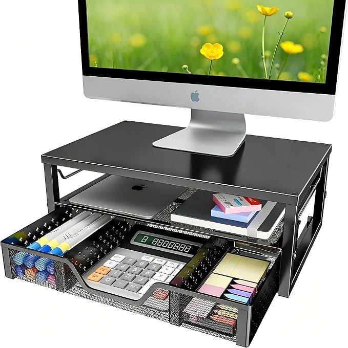 Simple Trending Desk Organizer and Accessories, 2-Tier Computer Monitor Stand Riser with Drawer, Office Desk Accessories & Workspace, Laptop & Printer Stand for Desktop, Black