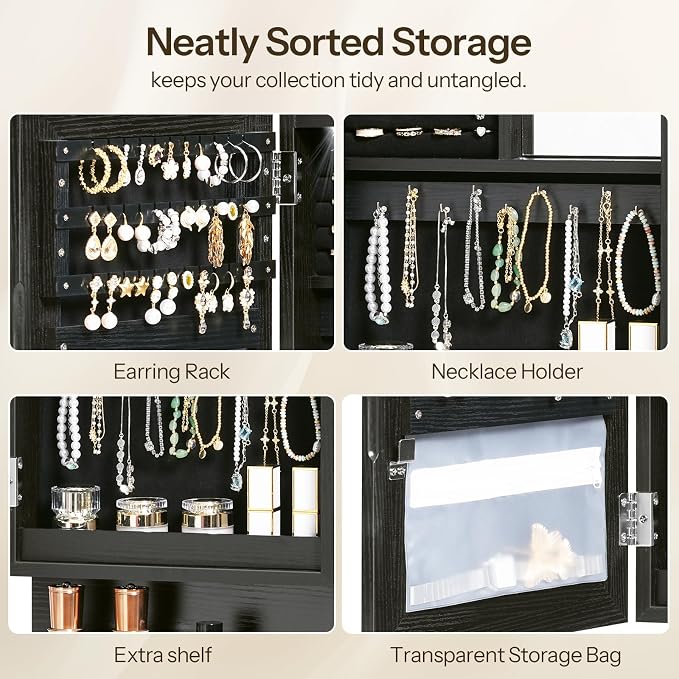 HOOBRO Wall Mounted Jewelry Cabinet, LED Jewelry Armoire with Interior Mirror, Hanging Jewelry Organizer for Wall, Lockable Jewelry Storage Cabinet, 3.9 x 11.8 x 20.9 Inches, Black