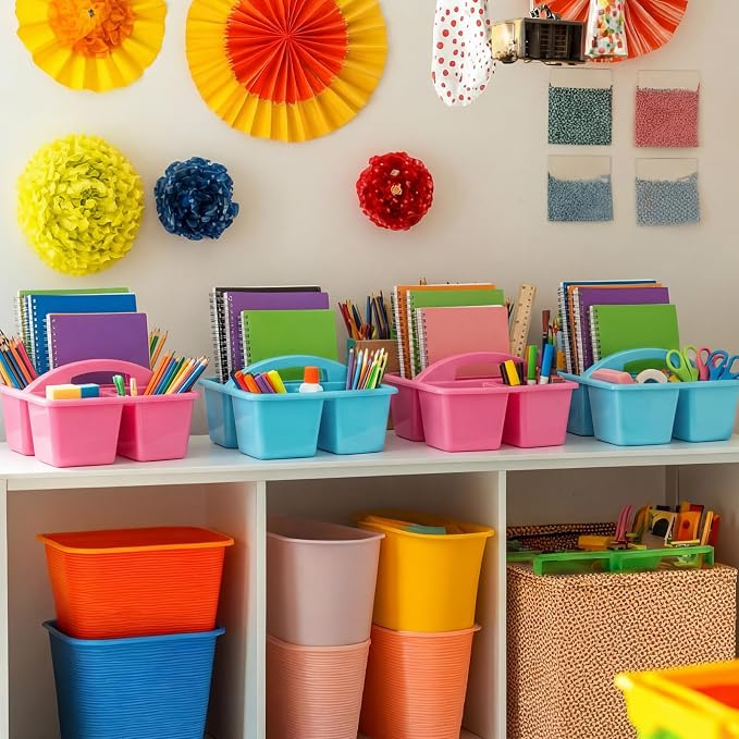 AceOrbit 4 Pack Pastel Pink and Blue Classroom Table Caddy with Handle 9x9x5'' Plastic Small Desk Caddy for Classroom Group with 3 Compartments School Supply Caddies for Teacher Office Organizer