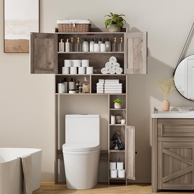 Homhedy Wooden Over The Toilet Storage Cabinet with Barn Door | Freestanding Bathroom Storage, Toilet Paper Holder, Adjustable Shelf,Space-Saving, Farmhouse Style, Greige