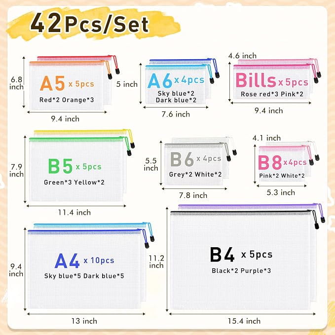 42pcs Mesh Zipper Pouch Bags, 8 Sizes Plastic Zippered Storage Bags for Organizing, Clear Pouches with Zipper, Waterproof Mesh Pouch for Office Supplies, Home Organize, Travel Storage