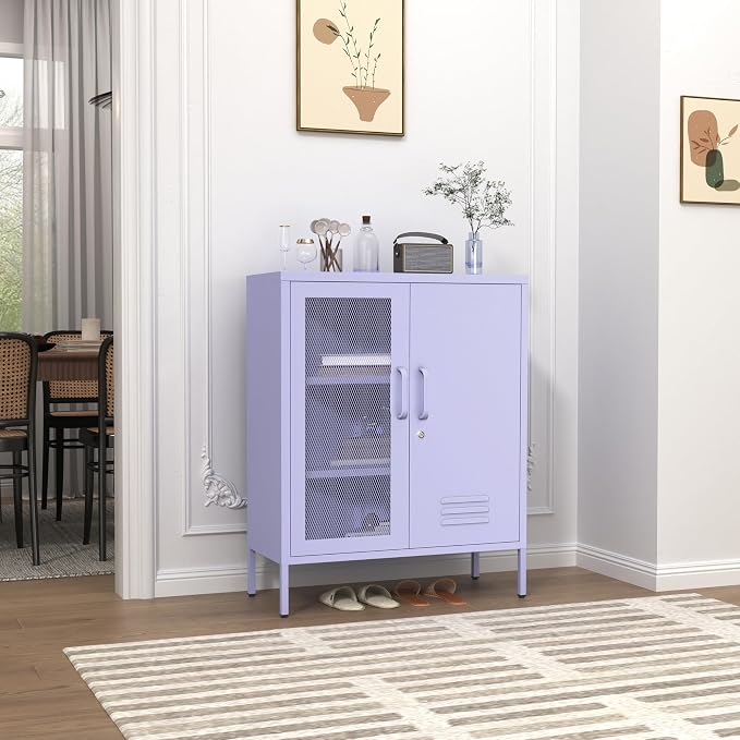 Purple Metal Storage Cabinet with Adjustable Shelf, Lockable 2 Door Sideboard, Multipurpose Widened Storage Locker for Kitchen Home Bedroom Living Room Office 33" H X 29.5" W X 13.8" D
