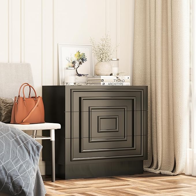 Aoikax Modern 3-Drawer Dresser, Sculptural Mid-Century Drawer of Chest with Geometric Square Pattern, Contemporary Accent Dresser for Bedroom, Living Room, Black