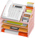DocNest 4 Tier Metal Mesh Letter Tray - Space Saving Desk File Organizer with Handle, Pen Holder & Folder Holder - Desktop Document Sorter for Office, Home, School, Classroom - Pink