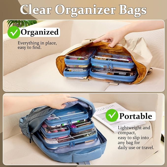4 pcs Clear Zipper Pouches,Hard Shell Zipper Case, Toiletry Bag for Travel | CLear Diaper Bag, Toiletry Pouch, Travel Organizer, Cosmetic Bag,Toy Storage Bins (M+3S) (Blue)