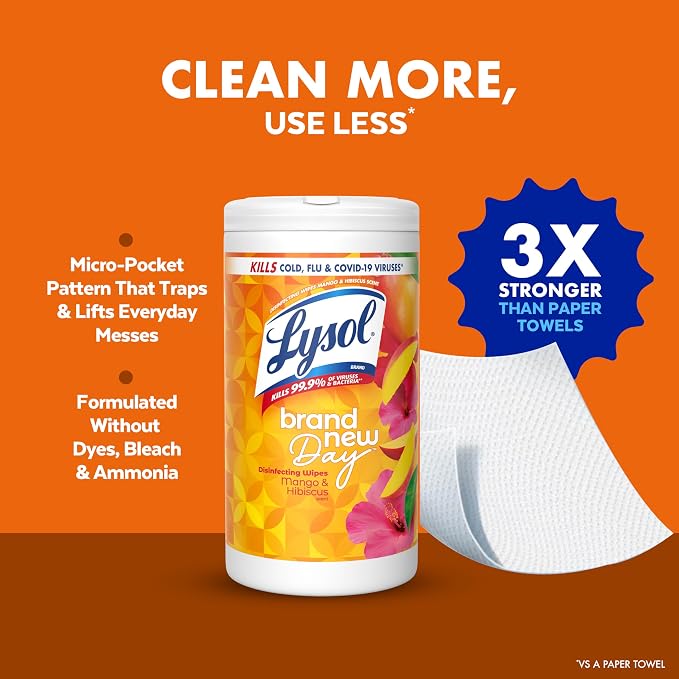 Lysol Disinfecting Wipes, Multi-Surface Cleaner, Mango, 80 ct. | All Purpose Cleaner, Sanitizing, Deodorizing, Apartment Essentials, Back To School Cleaning Supplies, Kitchen & Bathroom Wipe