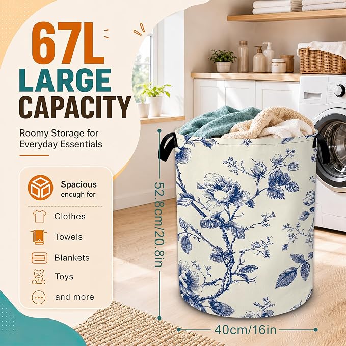 Vintage Blue Flowers Laundry Basket,Botanical Floral Foldable Oxford Laundry Hamper with Handles,Portable Clothes Tote Bag Clothes Storage Bucket Organizer For Bathroom/Laundry Storage/Bedroom
