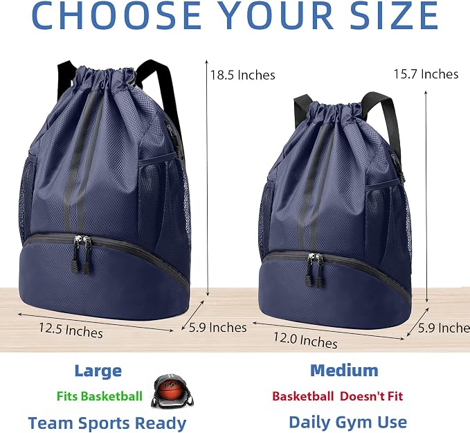 JELUTAR Drawstring Backpack Gym Bag with Shoes Compartment for Soccer, Basketball, Swim, Water-Resistant String Backpack Beach Cinch for Women Men, Navy Blue