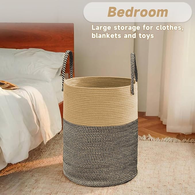JMvicyroam Large Woven Laundry Basket Hamper,80L Cotton Rope Storage Bin for Blankets,Toys and Clothes,Decorative Tall Nursery Hamper for Living Room,Baby Nursery,Bathroom and Bedroom,Brown and Black