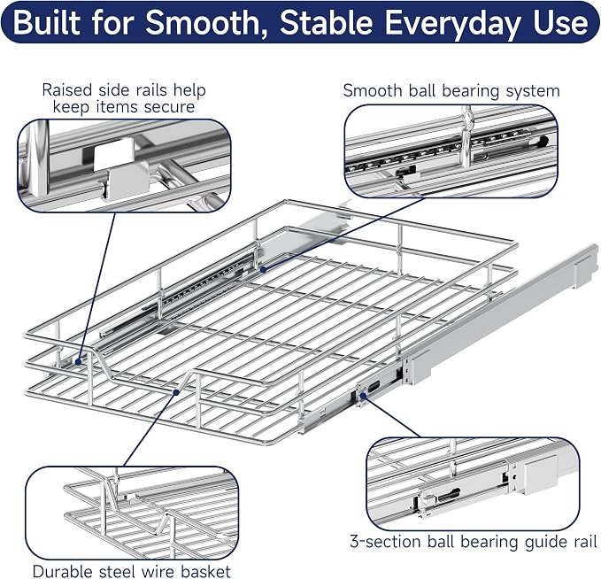 Pull Out Cabinet Organizer, 12.5" W x 21.5" D, Heavy Duty Chrome Slide Out Shelf for Narrow Base Cabinets, Sliding Wire Basket Drawer for Spices, Bottles, Snacks & Cleaning Supplies