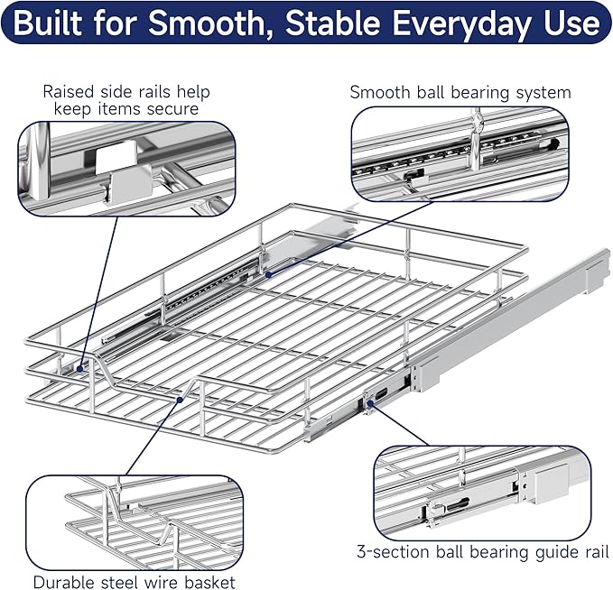 Pull Out Cabinet Organizer, 19.5" W x 21.5" D, Heavy Duty Chrome Slide Out Shelf for Base Cabinets, Sliding Wire Basket Drawer for Pantry Items, Bowls, Containers & Cleaning Supplies