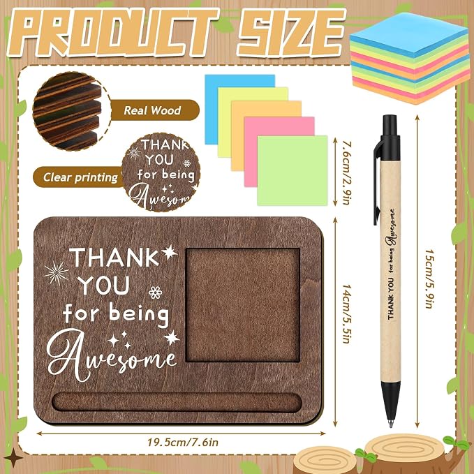 Kosiz 10 Set Back to School Teacher Gifts Wooden Sticky Note Holder with Notes and Ballpoint Pens Inspirational Sticky Notes Sets for Teacher Back to School Party Supplies, Brown